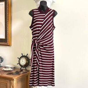 Kinly Striped Ribbed Knit Mock Neck Sleeveless Tie Waist MIDI Dress 👗 Large